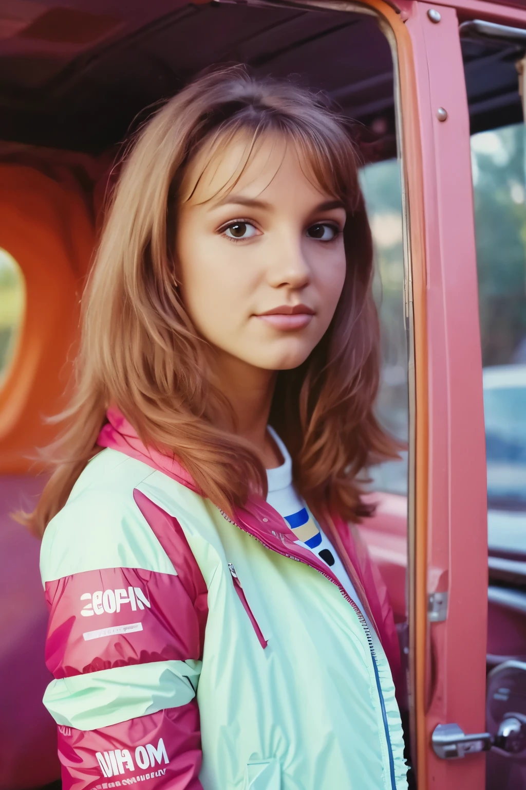 She is wearing a wind jacket typical of the 90s.