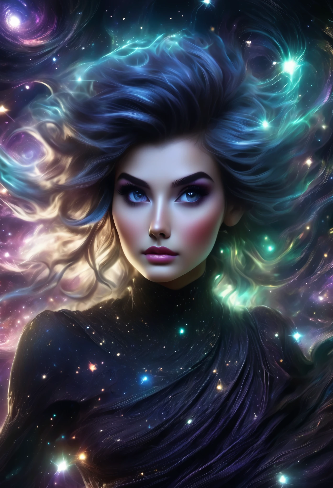 plano general, cuerpo entero, astrologa:1.5, magia astros, idílico, 1girl:1.5, beautiful detailed eyes, beautiful detailed lips, extremely detailed face and eyes, long eyelashes, elegant flowing dress, galaxy stars space background, cinematic lighting, ultra-realistic, 8k, high quality, masterpiece, photorealistic, hyper detailed, intricate details, dramatic lighting, vibrant colors, fantasy, concept art style