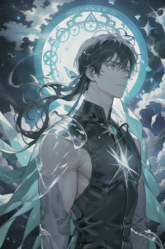 masterpiece, best quality, 1 male, adult, mature, tall muscular guy, Dark theme, Magic circle, bubble, rainbow Sunlight, Underwater, Reflected mirror, floating piece of Glass, Rainbow light, Bubble Swirling, wind Swirling, Aurora, fantasy scenery, Starlight around the character, (upper body)