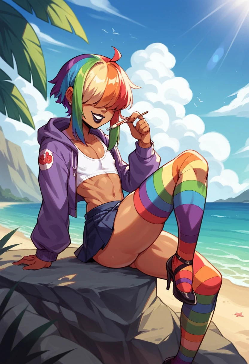 A feminine looking man, femboy, rainbow hair, disordered, hair that covers the eyes, paint black lips, happy, slim and feminine body......., thick thighs, flat chest, her butt is very big, tanned skin, very small purple jacket, fitted white top, short mini skirt, rainbow long stockings, high heels, sitting on a rock, beautiful beach, bright sea, sunlight, front view, Looking at the sky 