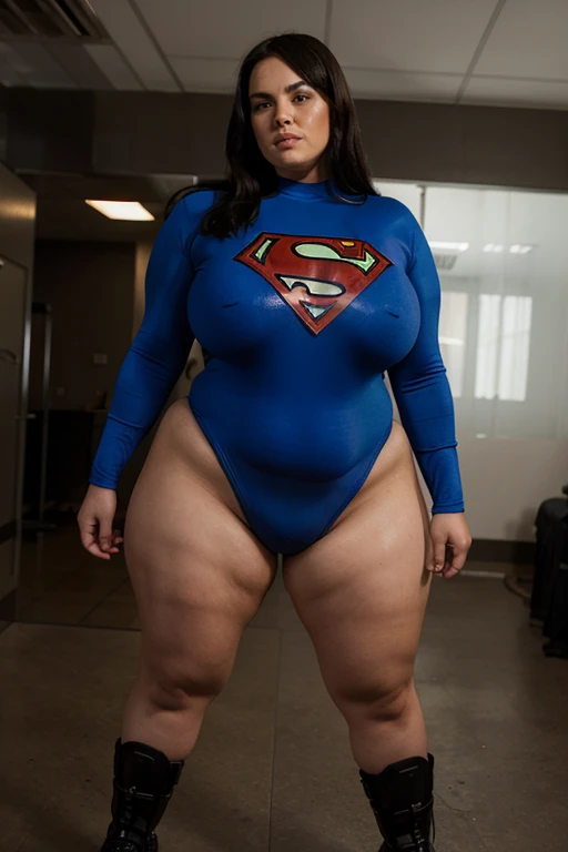 bbw superheroine is standing and paralyzed in front, full body, bbw sweat,