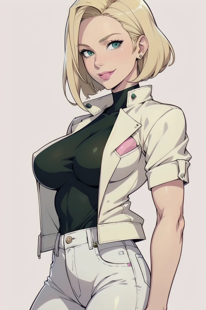 1womanl, , Short Hair Hair,elongated square, blond hair, green eyes, pink lipsticks, Smile, Standing, sharp outline, short sleeves, Mature female, 35 years old, Best Quality, masutepiece,white jacket with a neck,Grey jeans