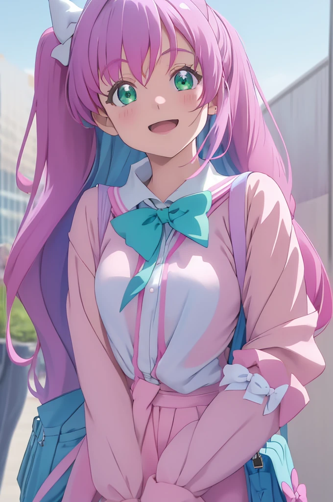 best quality, masterpiece, highres, solo, {cure_prism_hirogaruskyprecure:1.15}, long_hair, green_eyes, pink_hair, bow, open_mouth, bangs, smile, white_bow, 2girls, :o, blue_hair, bowtie, multiple_girls, sailor_collar, outdoors, school_uniform, white_bowtie, bag, blurry, blurry_background, parody, pink_shirt, shirt