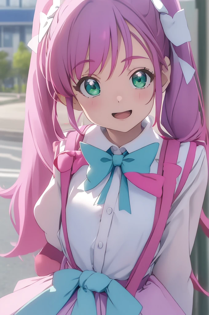 best quality, masterpiece, highres, solo, {cure_prism_hirogaruskyprecure:1.15}, long_hair, green_eyes, pink_hair, bow, open_mouth, bangs, smile, white_bow, 2girls, :o, blue_hair, bowtie, multiple_girls, sailor_collar, outdoors, school_uniform, white_bowtie, bag, blurry, blurry_background, parody, pink_shirt, shirt