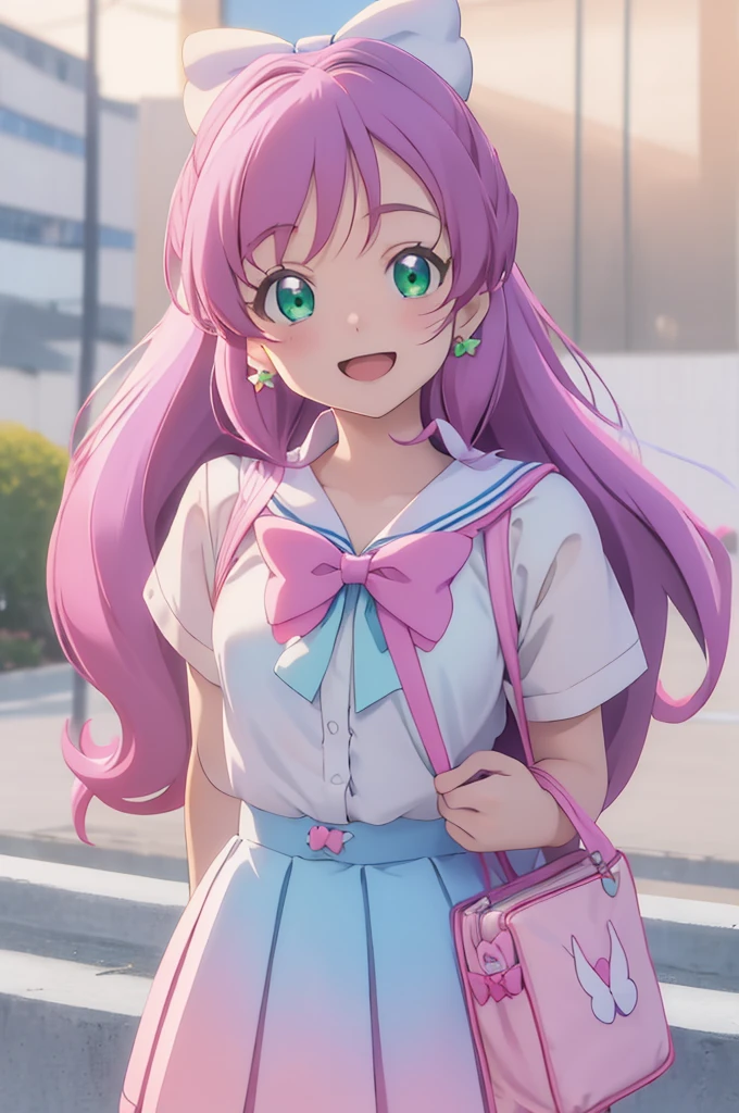 best quality, masterpiece, highres, solo, {cure_prism_hirogaruskyprecure:1.15}, long_hair, green_eyes, pink_hair, bow, open_mouth, bangs, smile, white_bow, 2girls, :o, blue_hair, bowtie, multiple_girls, sailor_collar, outdoors, school_uniform, white_bowtie, bag, blurry, blurry_background, parody, pink_shirt, shirt