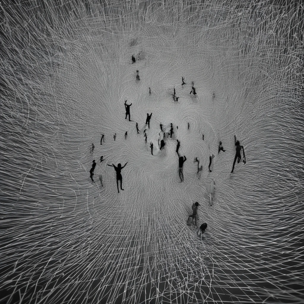 Floating people, Black and white spiral lines，The human body is structurally accurate