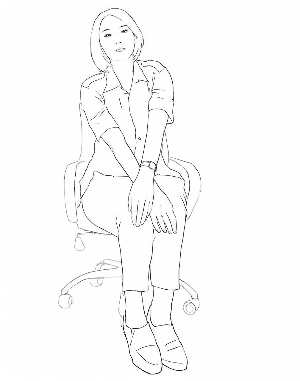 Realistic image. Black hair woman. Beautiful woman. Asian. Short hair. White shirts. Black pants. Black shoes. Sit on the chair.