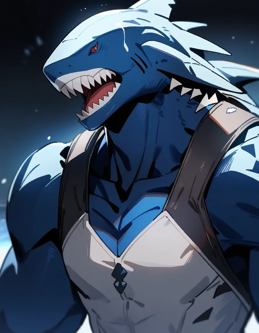 (1boy,) male focus, shark hybrid, dark blue eye color, masterpiece, best quality, high quality, upper body, male focus, red skin color