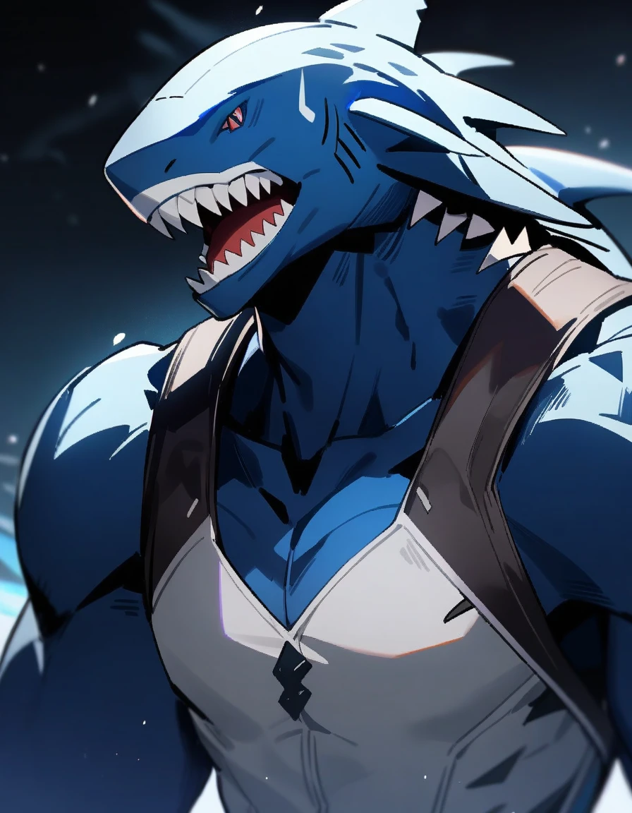 (1boy,) male focus, shark hybrid, dark blue eye color, masterpiece, best quality, high quality, upper body, male focus, red skin color
