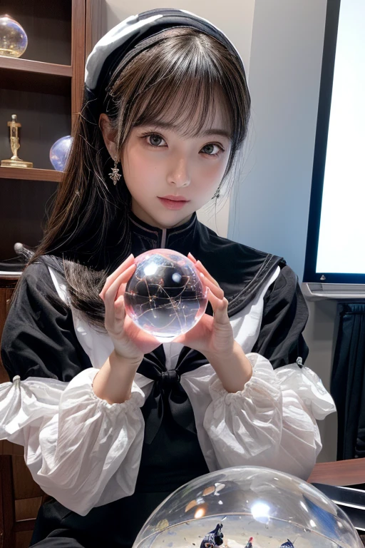 ((Highest quality、masterpiece、8K))、Anatomically correct、Very detailed、High resolution、Realistic、Beautiful white skin、((Beautiful, starry, almond-shaped, detailed eyes))、Well-formed nose bridge、Intricate details、Cinematic lighting、((Sit on a chair))、((Dark room without light))、(((The desk in front of me)))(((A large crystal ball on a desk)))(((Hold your right hand over the crystal ball)))、(((The left hand is a piece)))、(((Black Sailor Suit)))、(((Panic look)))