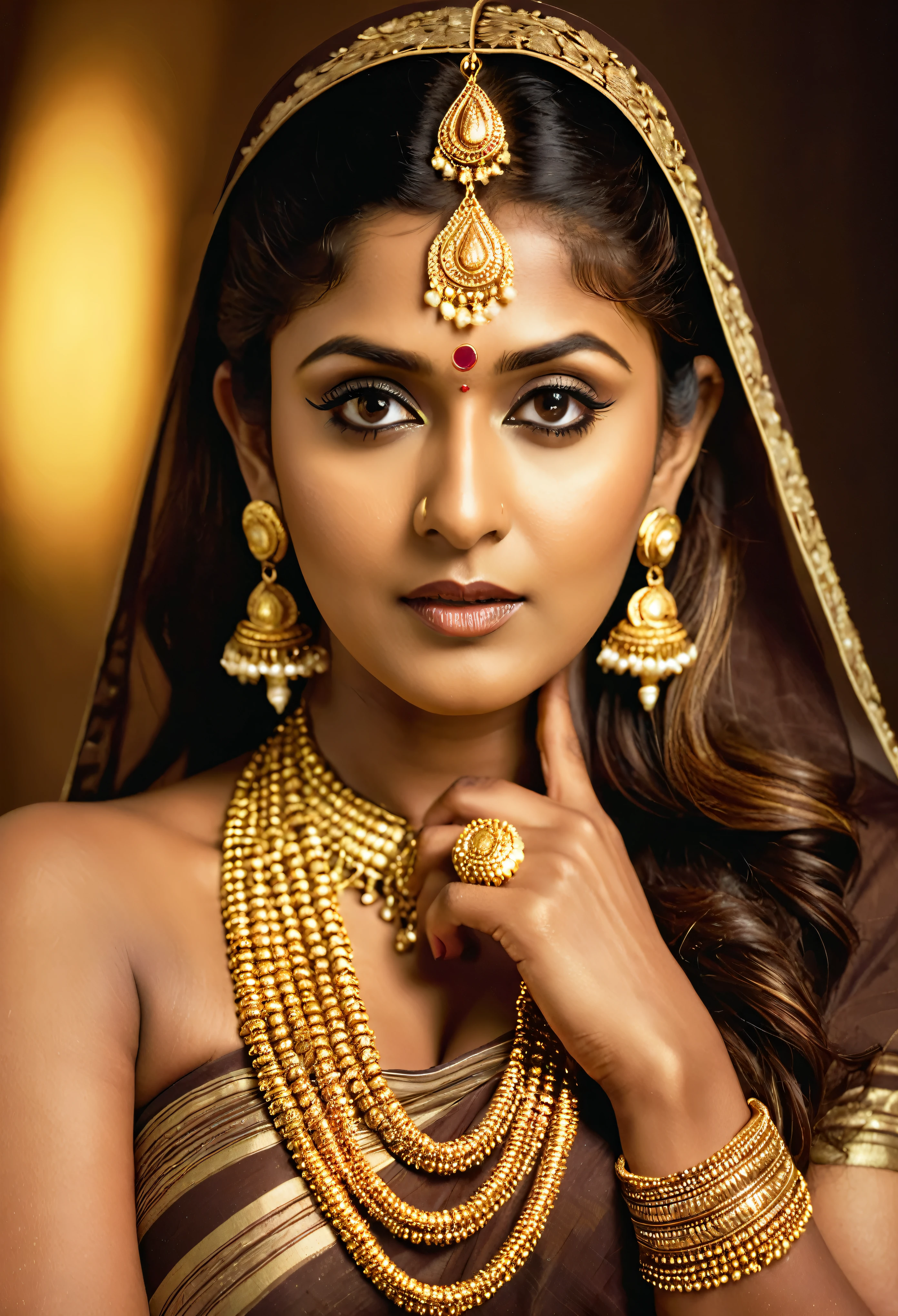 Looks like Nayanthara, thick figure, bulky figure, fleshy figure, black lips, beautiful hypnotizing gazing eyes, Full figured woman, heavy figure, attractive, gorgeous, stunning beauty, milf, 50 years old Woman, attractive body, araffe woman in a gold sari posing for a picture, chocolate skin, skin pores, sweat, incredible skin texture, wearing gold jewellery, photo of a hand jewellery model, sexy girl with dark complexion, indian girl with brown skin, traditional beauty, wearing elegant jewellery, traditional makeup, with small studded earings, indian goddess, indian, intricate thin details in gold, gold jewellery, modeling shoot, 7 0 mm portrait, dramatic lighting, cinematic colour grading,