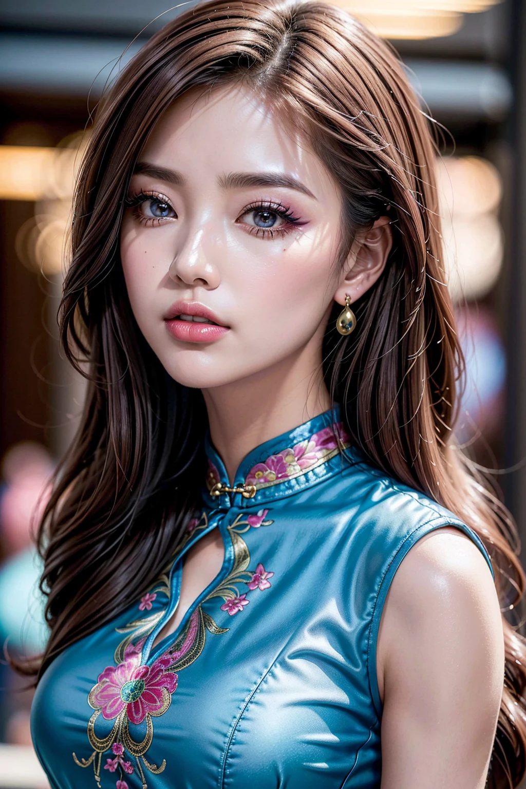 (best quality、8k、16k、high-res、 masterpiece:1.2)、ultra detailed、(realism、photorealistic)、(1woman:1.3 22-year-old)、brown_eyes:1.21、((Fujicolor、daytime soft lighting)、fashion supermodel、((curly long hair))、(BREAK pink_makeup:1.2)、(detailed symmetrical lips:1.3))、pink_lipstick:1.21、BREAK (perfect dark_eyeshadows:1.3)、(Detailed nose:1.2)、(perfect composition)、(BREAK Classic and sexy blue cheongsam、Detailed decoration:1.3)、(Fitted clothing:1.3)、dynamic pose、(close-up of her face: 1.2) 