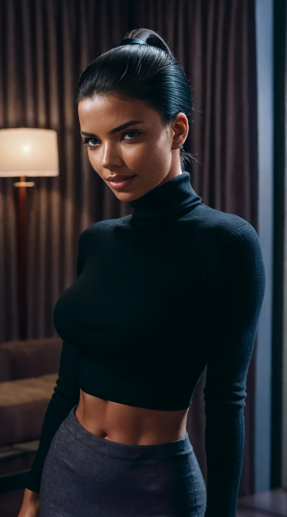 Foto hiperrealista en primer plano de Adriana Lima, masterpiece, best quality, (photorealistic:1.4), portrait photo, black turtleneck sweater, night in living room, during the night, dark night, during night, cinematic light, beautiful woman, skinny, medium breasts, black short hair (ponytail haircut:1.2), detailed face, smile, facing the camera, photo taken from a distance,