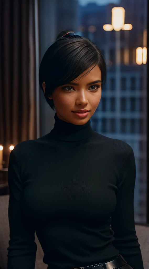 Foto hiperrealista en primer plano de Adriana Lima, masterpiece, best quality, (photorealistic:1.4), portrait photo, black turtleneck sweater, night in living room, during the night, dark night, during night, cinematic light, beautiful woman, skinny, medium breasts, black short hair (ponytail haircut:1.2), detailed face, smile, facing the camera, photo taken from a distance,