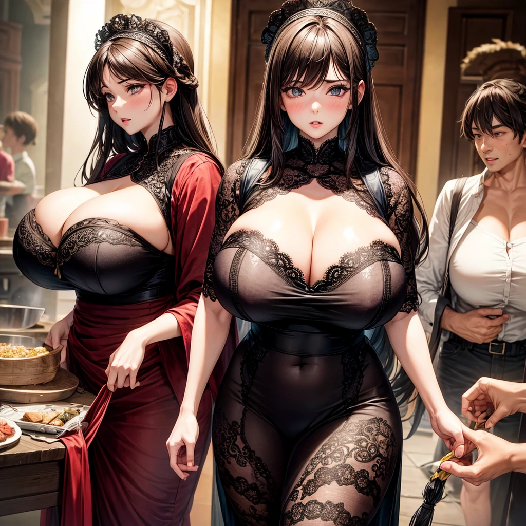 Girl with huge breasts in lace cleavage at a family gathering