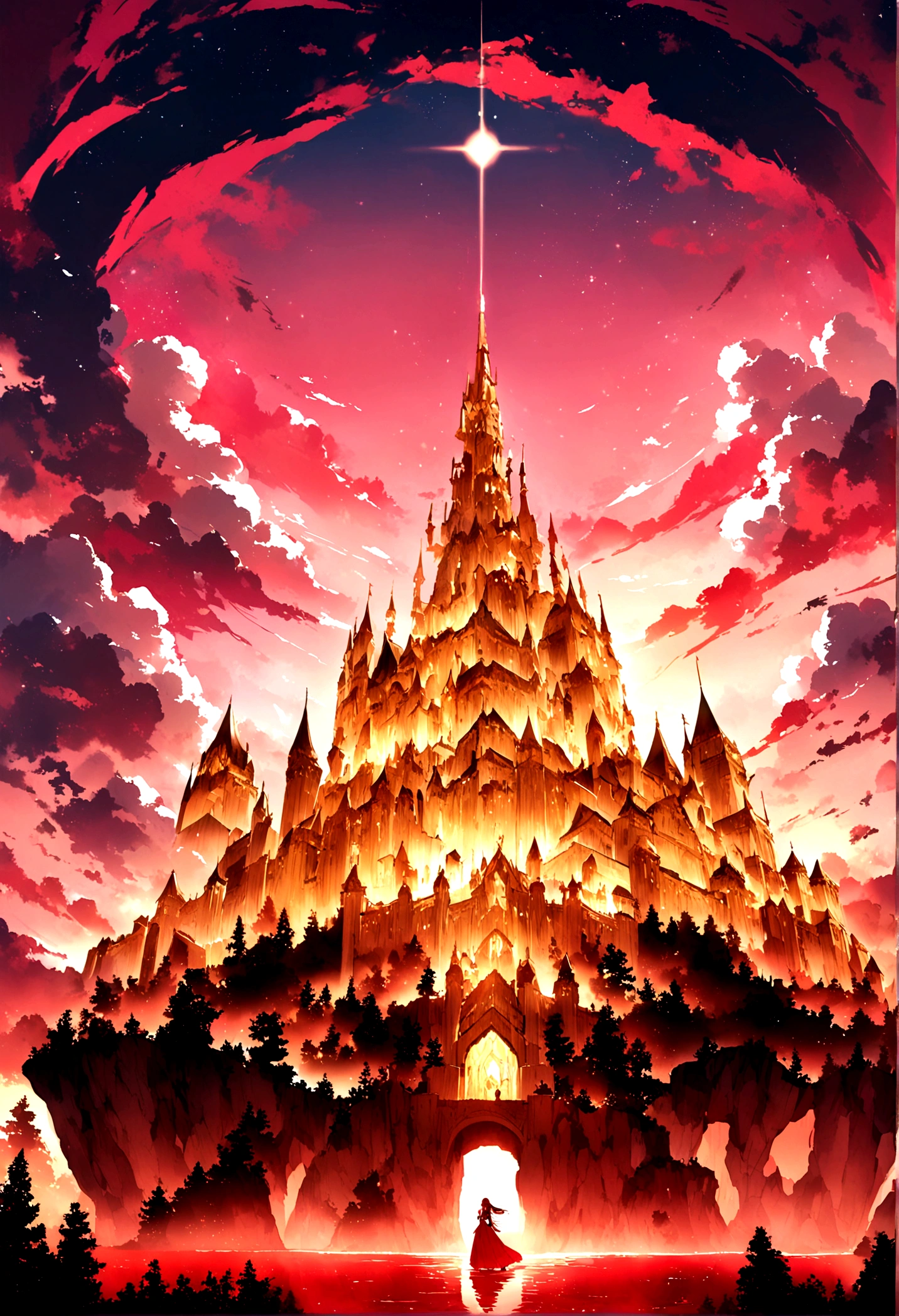 The castle of gold and diamond and with a blue garden and red lakes and flying castle and the pink sky