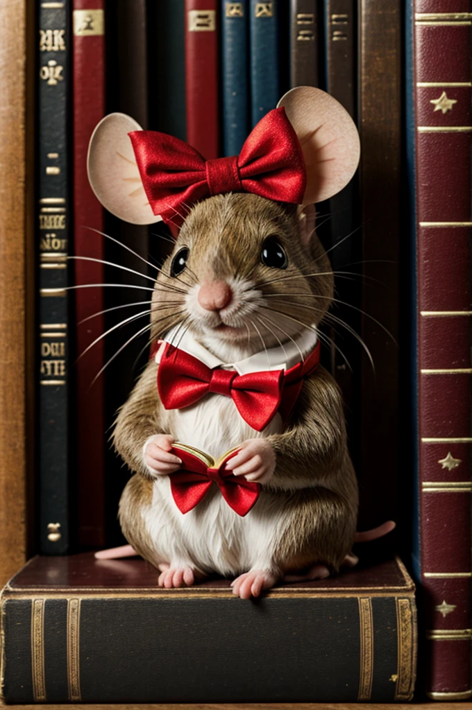 Pixie mouse with red bowtie sitting on books