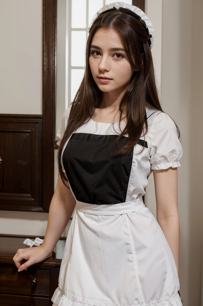 ((best quality)), (realistic), ((high definition)), female, 25 years old, white skin, long hair, brown hair, maid, wearing black and white maid outfit