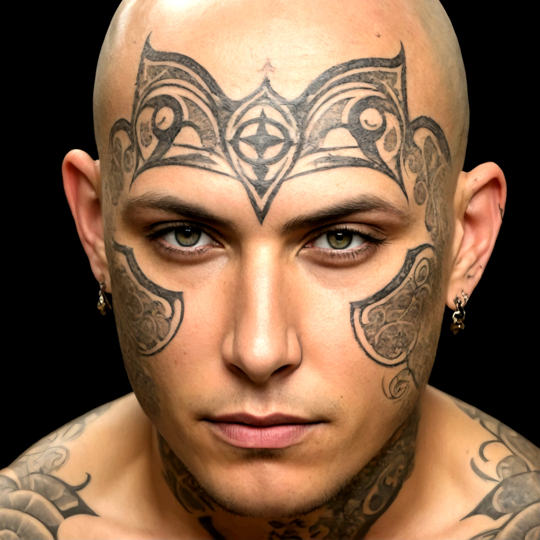 (best quality,highres,ultra-detailed), close-up, bald, tattooed, detailed facial tattoos, shirtless, muscular, fully tattooed body, magical ritual, magical symbols, black magic, dark ambiance, intense lighting, mysterious atmosphere, tribal, powerful, supernatural, mystical, enchanted, griffin symbols, spiritual connection, ritualistic movements, mesmerizing, captivating, intense gaze, confident expression, dominant presence, dark color palette, contrast, dramatic shadows, intricate details, surreal, otherworldly, ethereal, magical energy, intense emotions, powerful aura, mystical transformation, evocative, haunting, immersive composition.