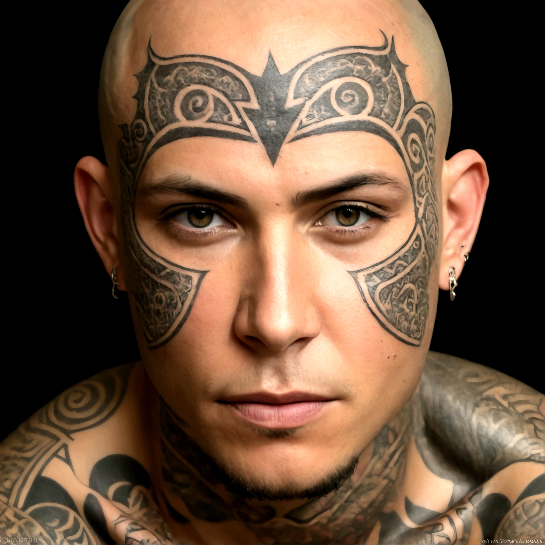 (best quality,highres,ultra-detailed), close-up, bald, tattooed, detailed facial tattoos, shirtless, muscular, fully tattooed body, magical ritual, magical symbols, black magic, dark ambiance, intense lighting, mysterious atmosphere, tribal, powerful, supernatural, mystical, enchanted, griffin symbols, spiritual connection, ritualistic movements, mesmerizing, captivating, intense gaze, confident expression, dominant presence, dark color palette, contrast, dramatic shadows, intricate details, surreal, otherworldly, ethereal, magical energy, intense emotions, powerful aura, mystical transformation, evocative, haunting, immersive composition.