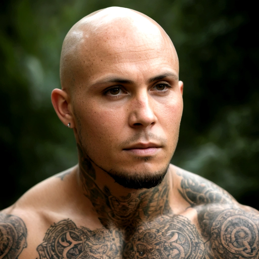 (best quality,highres,ultra-detailed), close-up, bald, tattooed, detailed facial tattoos, shirtless, muscular, fully tattooed body, magical ritual, magical symbols, black magic, dark ambiance, intense lighting, mysterious atmosphere, tribal, powerful, supernatural, mystical, enchanted, griffin symbols, spiritual connection, ritualistic movements, mesmerizing, captivating, intense gaze, confident expression, dominant presence, dark color palette, contrast, dramatic shadows, intricate details, surreal, otherworldly, ethereal, magical energy, intense emotions, powerful aura, mystical transformation, evocative, haunting, immersive composition.