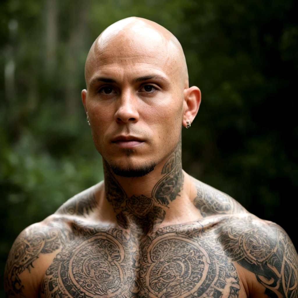 (best quality,highres,ultra-detailed), close-up, bald, tattooed, detailed facial tattoos, shirtless, muscular, fully tattooed body, magical ritual, magical symbols, black magic, dark ambiance, intense lighting, mysterious atmosphere, tribal, powerful, supernatural, mystical, enchanted, griffin symbols, spiritual connection, ritualistic movements, mesmerizing, captivating, intense gaze, confident expression, dominant presence, dark color palette, contrast, dramatic shadows, intricate details, surreal, otherworldly, ethereal, magical energy, intense emotions, powerful aura, mystical transformation, evocative, haunting, immersive composition.