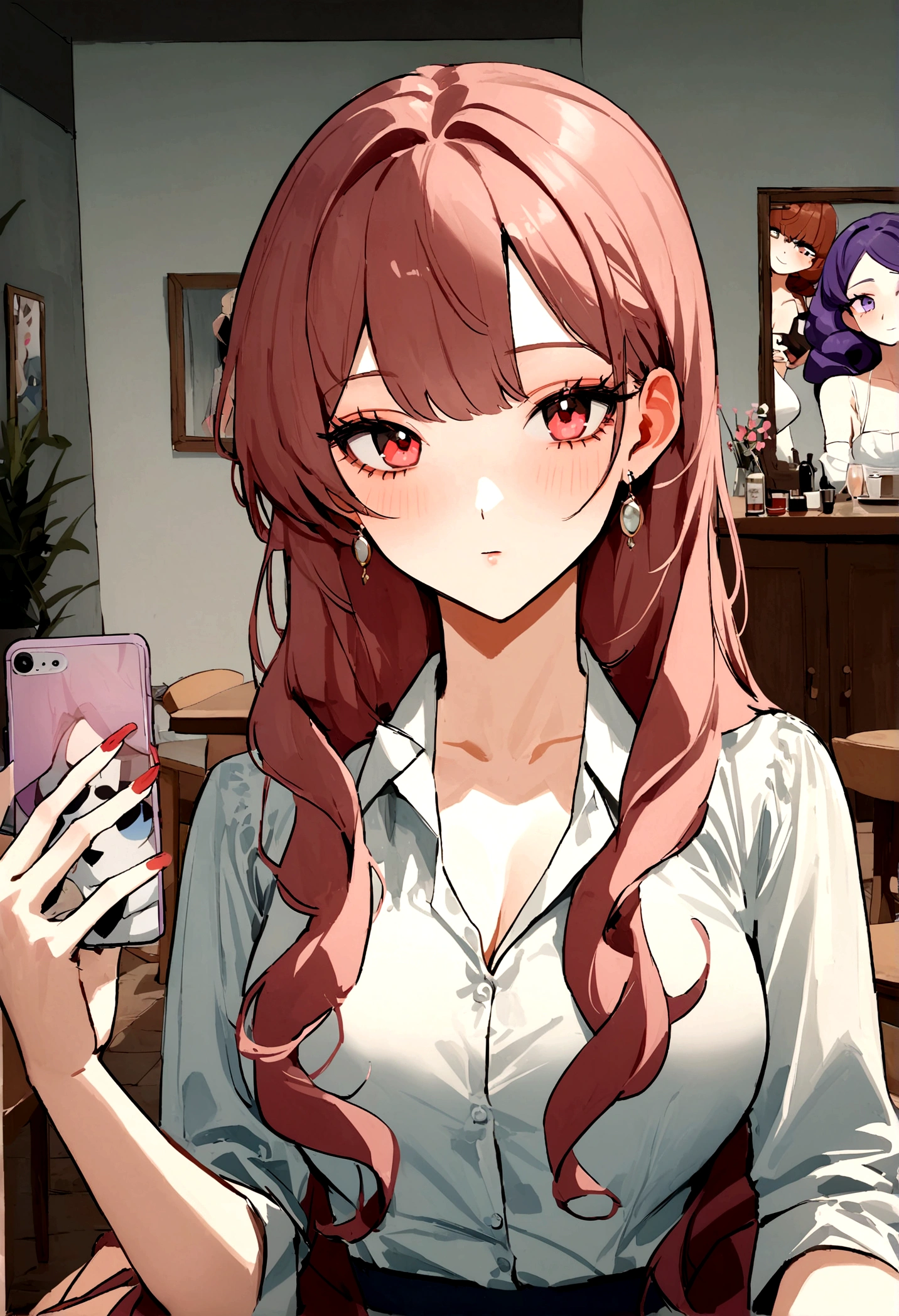 Upper Body,(handling_smart_phone, smart_phone:1.2)、I have a smartphone、
Realistic, real person, (pale skin: 1.2), RAW photo, photorealistic, portrait photography, shiny skin, shiny hair、(Medium Hair) and (red hair) and (red eyes) ,
、blush, smile, The background is the interior of a bar at night.、Alone、
(red) and (off shoulder blouse)