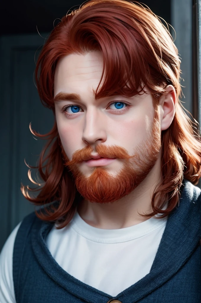 Create Harry Potter, redhead with a very small beard , blue colored eyes , round face, chubby