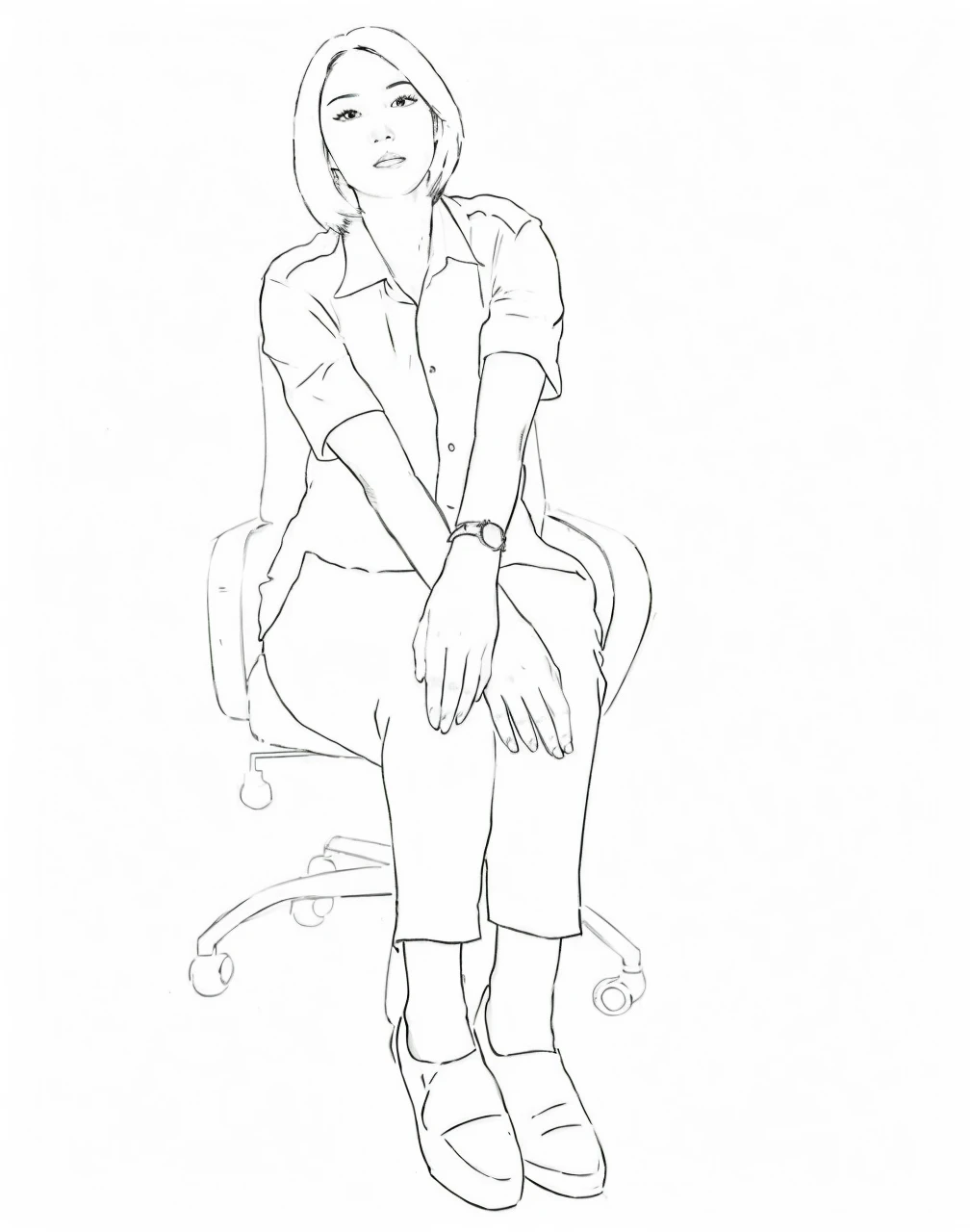 Realistic image. Black hair woman. Beautiful woman. Asian. Short hair. White shirts. Black pants. Black shoes. Sit on the chair.