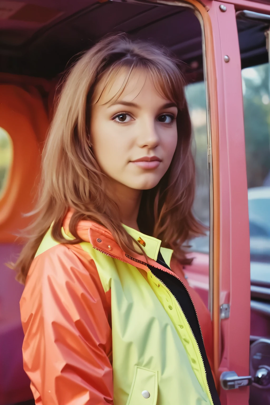 She is wearing a youth wind jacket typical of the 90s.