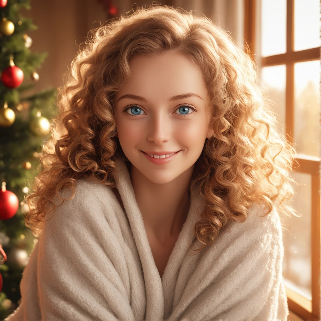 1 cute lithuanian lady, pleased, iced sparkling azure eyes, silk skin texture, skin grain, curly hair , christmas morning, cozy, warm light
