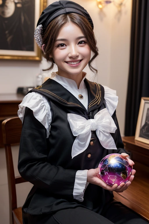 ((Highest quality、masterpiece、8K))、Anatomically correct、Very detailed、High resolution、Realistic、Beautiful white skin、((Beautiful, starry, almond-shaped, detailed eyes))、Well-formed nose bridge、Intricate details、Cinematic lighting、((Sit on a chair))、((Dark room without light))、(((The desk in front of me)))(((A large crystal ball on a desk)))(((Hold your right hand over the crystal ball)))、(((The left hand is a piece)))、(((Black Sailor Suit)))、(((Smiling with visible canines)))