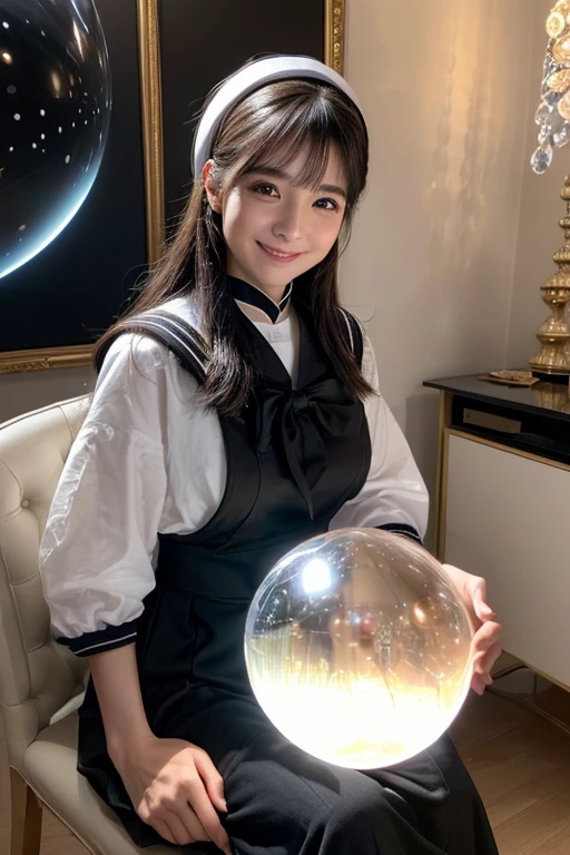 ((Highest quality、masterpiece、8K))、Anatomically correct、Very detailed、High resolution、Realistic、Beautiful white skin、((Beautiful, starry, almond-shaped, detailed eyes))、Well-formed nose bridge、Intricate details、Cinematic lighting、((Sit on a chair))、((Dark room without light))、(((The desk in front of me)))(((A large crystal ball on a desk)))(((Hold your right hand over the crystal ball)))、(((The left hand is a piece)))、(((Black Sailor Suit)))、(((Smiling with visible canines)))