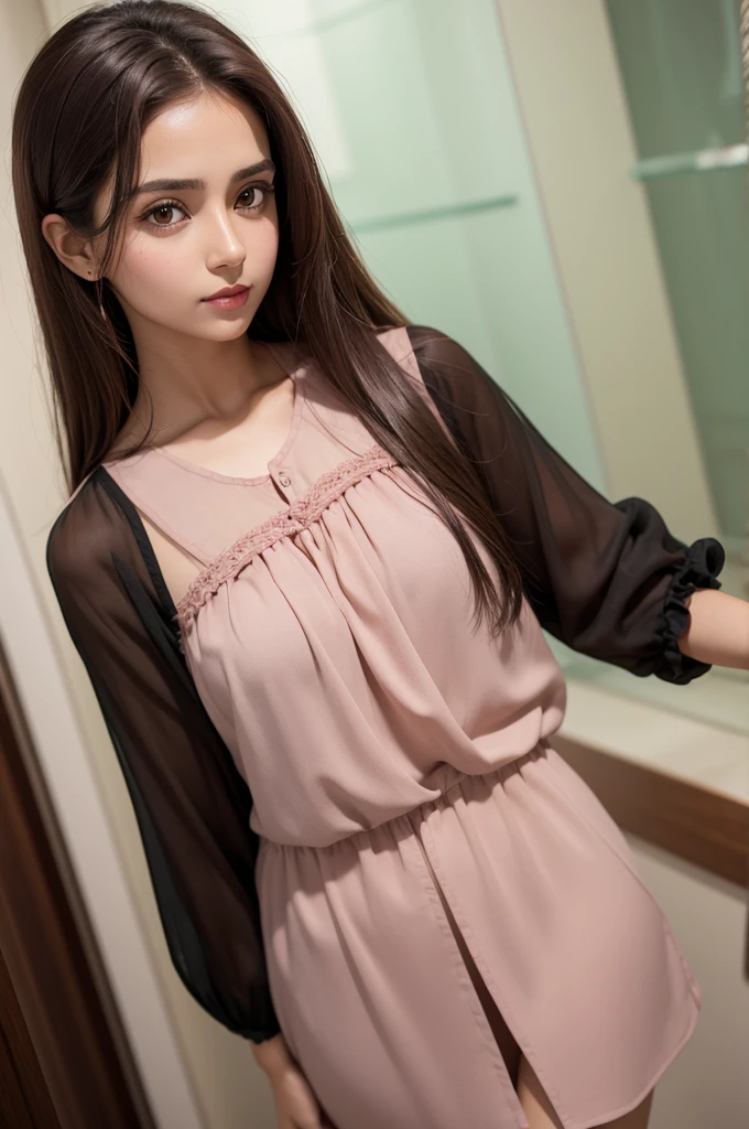 Manina  Brown skin color Dark pink blouse Dark green eyes Loose dark brown hair medium size 
