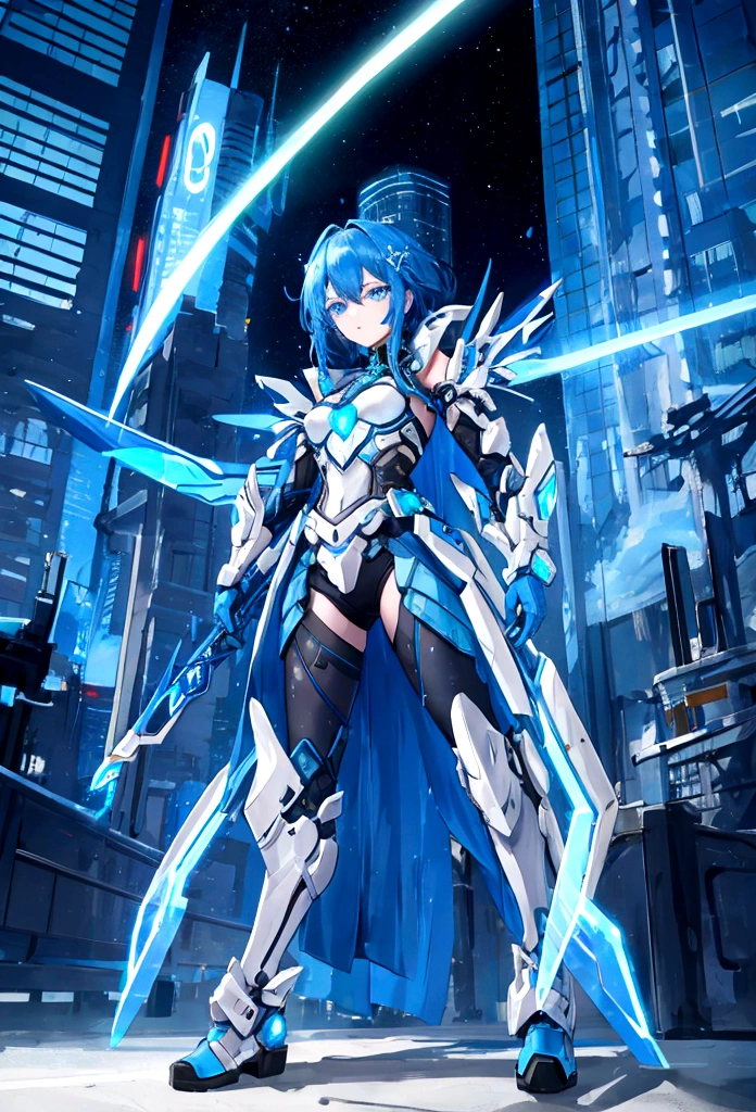Aiko is a 16-year-old warrior in a cyberpunk world full of magic and technology. She has cyber-blue hair, long and slightly wavy, with strands that look like optical fibers. His eyes are an intense and bright blue, reflecting your connection to magic. The skin is clear with a slight magical luminescence.
Clothing and Equipment:
Lightweight, futuristic armor that amplifies your magical powers, made of metallic material with blue and white neon details. Includes shoulder protectors, 가슴, Arms and legs.
Technological gloves with light circuits and a bracelet that projects holograms.
Energy sword with sparkling blue blade and technological details, as well as small gadgets attached to the waist.
Tall, robust boots with soles that allow for greater traction, decorated with neon lights.
Expression and Pose:
Determined and courageous expression, with a touch of vulnerability in the eyes.
combat pose, with sword drawn and prepared to attack.
scenario:
cyberpunk environment, with bright skyscrapers in the background, neon and holograms illuminating the scene.
Mix of ancient ruins with modern technology around it.
Magic visual effects, like sparks of blue energy or floating magical symbols.