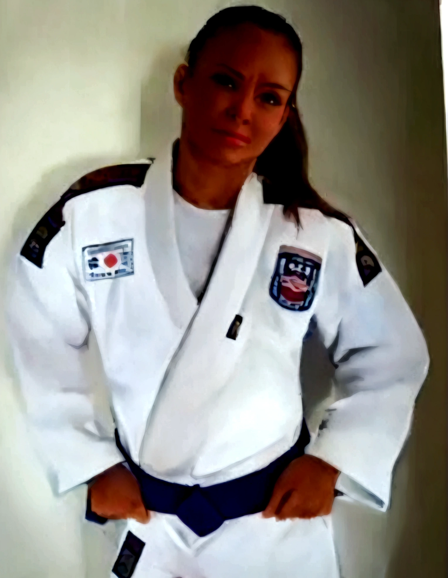 
40-year-old blonde woman, long hair, athletic, with white judo kimono, with purple belt