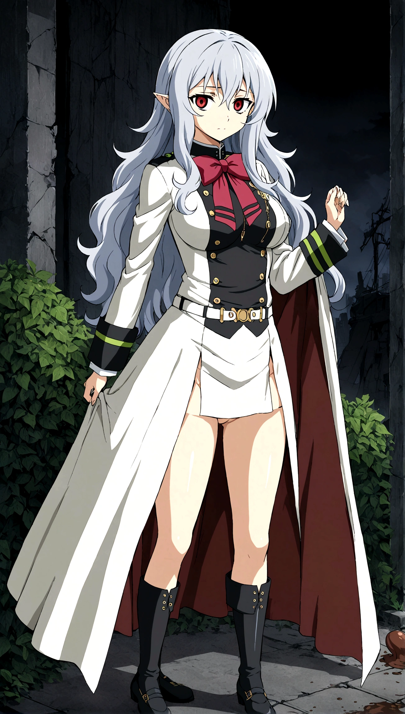 Anime. Owari no Seraph. 1 Girl. Expensive . A vampire. Clumsy. Progenitor. Silver hair. Wavy hair. Long hair. Red eyes. Beautiful eyes. Perfect eyes. Expressive eyes. Ideal face. Perfect body. Beautiful long ones. legs. Beautiful nose. 18 years. Big breasts. Standing. Full height. Beautiful character design. Shiny skin. Pointy ears. White dress. Vampire uniform dress from Owari no Seraph. Black stockings. She poops while squatting in the bushes. Thick sausages of poop come out of her ass. No panties. Heeled shoes. Ruins of Tokyo. Whole body. NSF. Official art. Extremely detailed CG Unity 8k wallpaper. Ideal lighting. Ultra high resolution 4K. Super detailed 8K. A high resolution.