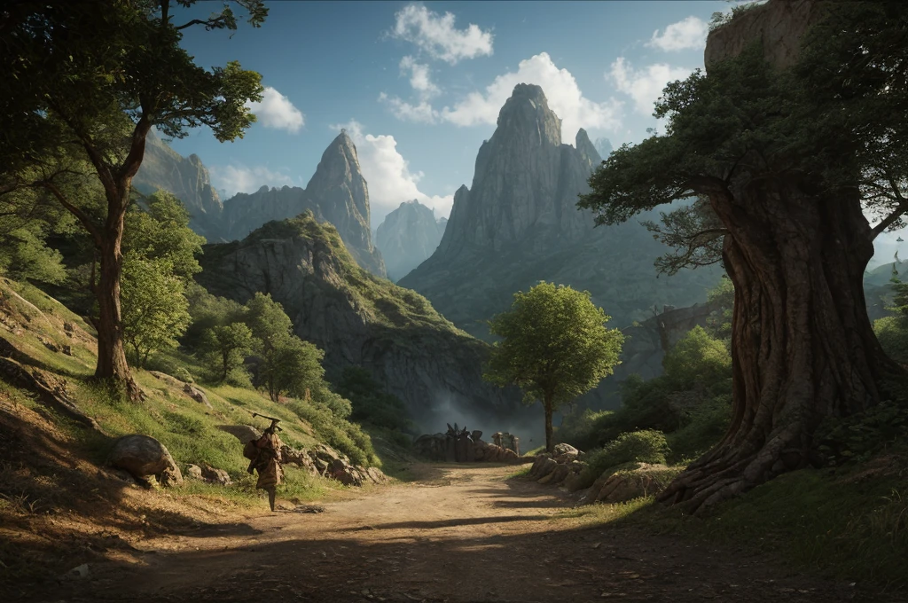 inspiré de Tolkien, À la manière de John Howe, detailed fantasy landscape, enchanted forests, majestic mountains, epic battles, dangerous dungeons, forteresse militaire cachée, cinematic lighting, dramatic atmosphere, hyper realistic, 8k, cinematic, award winning, masterpiece, intricate details, vivid colors, dramatic shadows, volumetric lighting, ultra-detailed, photorealistic, intricate details, impeccable textures, seamless composition, mesmerizing