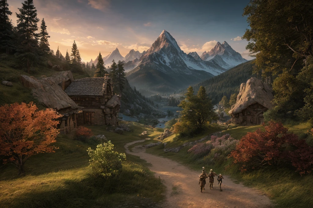 inspiré de Tolkien, À la manière de John Howe, detailed fantasy landscape, enchanted forests, majestic mountains, epic battles, dangerous dungeons, forteresse militaire cachée, cinematic lighting, dramatic atmosphere, hyper realistic, 8k, cinematic, award winning, masterpiece, intricate details, vivid colors, dramatic shadows, volumetric lighting, ultra-detailed, photorealistic, intricate details, impeccable textures, seamless composition, mesmerizing
