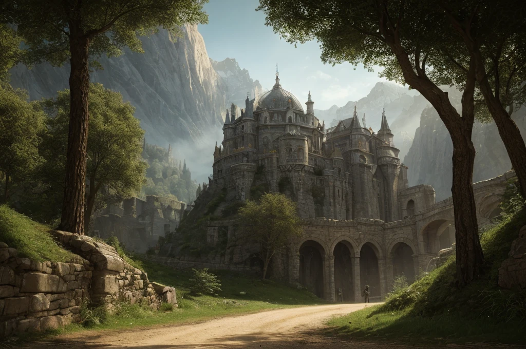 inspiré de Tolkien, À la manière de John Howe, detailed fantasy landscape, enchanted forests, majestic mountains, epic battles, dangerous dungeons, forteresse militaire cachée, cinematic lighting, dramatic atmosphere, hyper realistic, 8k, cinematic, award winning, masterpiece, intricate details, vivid colors, dramatic shadows, volumetric lighting, ultra-detailed, photorealistic, intricate details, impeccable textures, seamless composition, mesmerizing