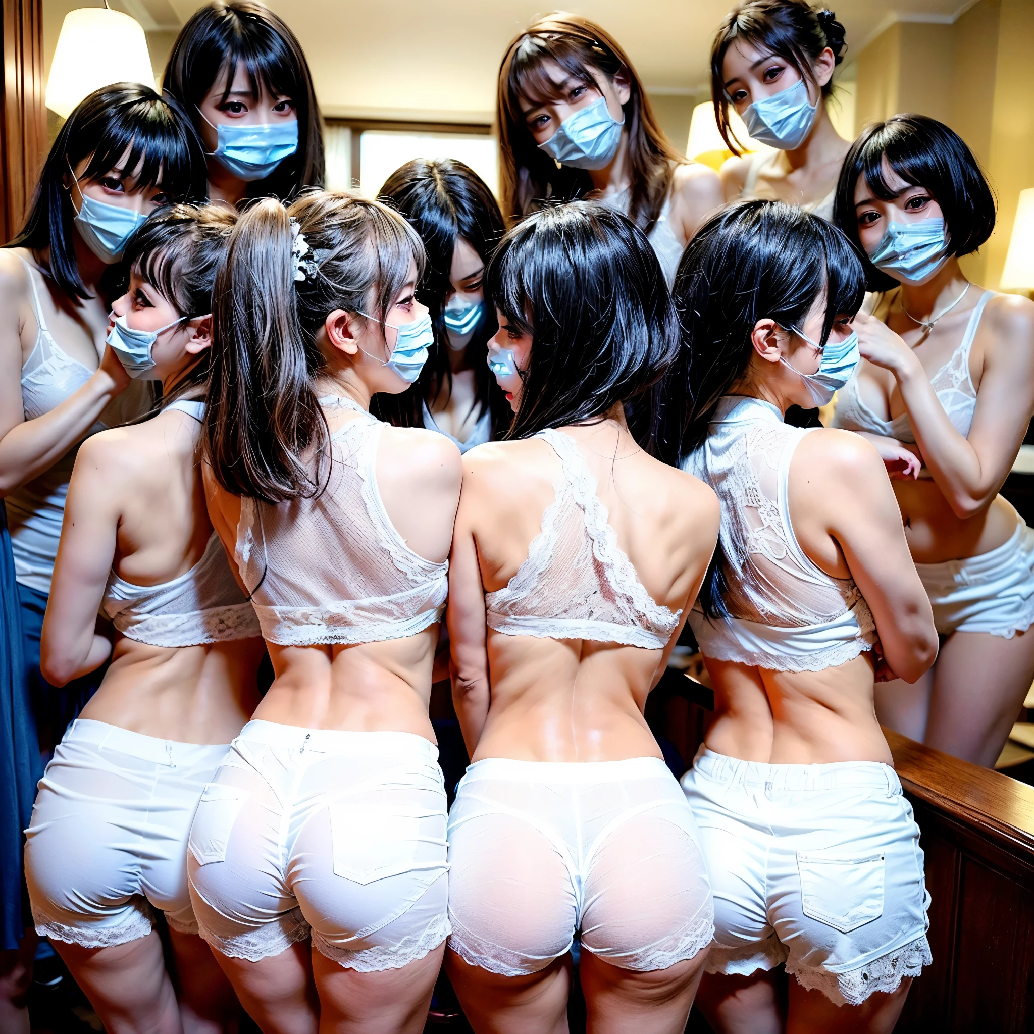 Bright Red and White, (Masterpiece 8K TopQuality:1.2) (ProfessionalPhoto:1.37) PUNIPUNI ExtremelyDetailed (((KAWAII 5 girls hiding face in Row:1.4))), (((Show Ass)Back of Head)), { (Standing Backwards) | Stooped | In the room | Spanking | Lie on the Red Couch }, {(((HiddenFace))) | ((MaskedFace)) | Facing Away }, (Acutance:0.85), LifeLike Rendering, BareLeg, RoundlySkinnyButts, Radiant FineSkin with Transparency { ((White lace Skinny Shorts)) | Skinny wear | SchoolUniform | Clearly Visible the shape of Butt | [Ass visible through thighs] }, (SFW:1.6)(BokeH:1.4), {HiddenHands|Corrected Childish Hand}, (Keep Head and Body facing Backwards)((Don't look back)), from DirectlyAbove

