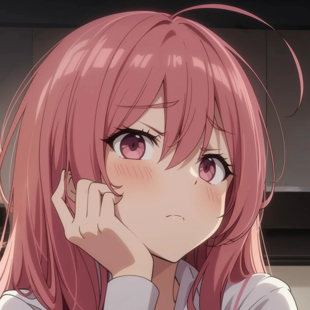 young woman. pink hair. amber eyes. arrogant face. white blouse. wild hair. furrowed brow. contemptuous look. against the backdrop of an apartment room. ladder. door. white wallpaper.