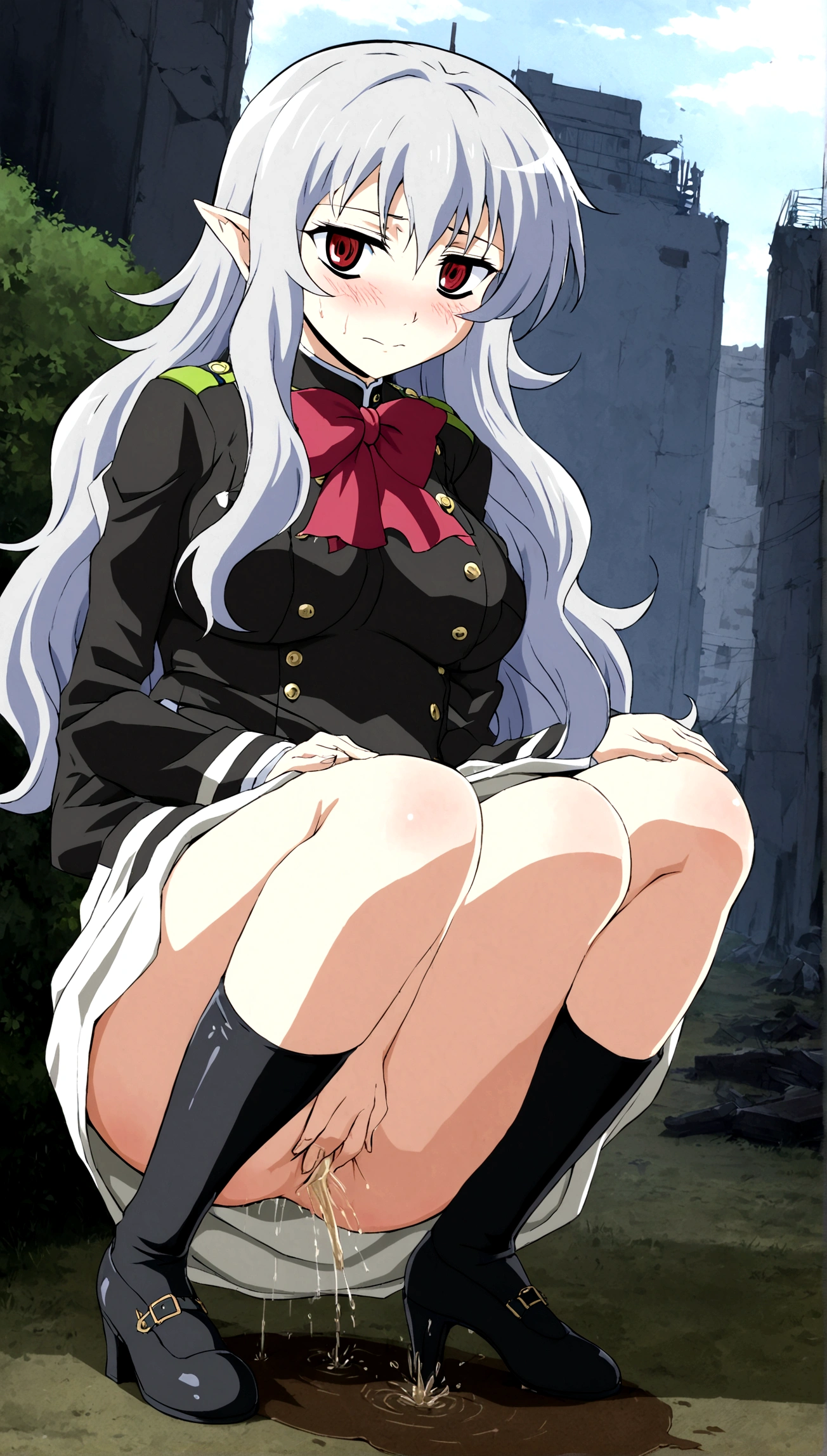 Anime. Owari no Seraph. 1 Girl. Expensive . A vampire. Clumsy. Progenitor. Silver hair. Wavy hair. Long hair. Red eyes. Beautiful eyes. Perfect eyes. Expressive eyes. Ideal face. Perfect body. Beautiful long ones. legs. Beautiful nose. 18 years. Big breasts. Standing. Full height. Beautiful character design. Shiny skin. Pointy ears. White dress. Vampire uniform dress from Owari no Seraph. Black stockings. She poops while squatting in the bushes. Thick sausages of poop come out of her ass. No panties. Heeled shoes. Ruins of Tokyo. Whole body. NSF. Official art. Extremely detailed CG Unity 8k wallpaper. Ideal lighting. Ultra high resolution 4K. Super detailed 8K. A high resolution.