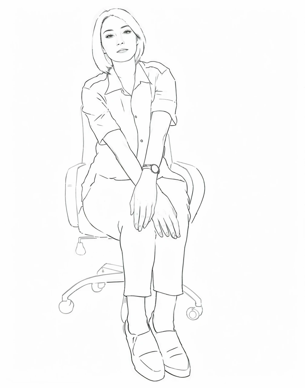 Draw a woman sitting on a chair，legs crossed, drawn with a single line, sketchbook, by Tony Tuckson, single line drawing, thick line drawing, author：Robert S, figure drawing, author：Sally Haley, thick outline, pose study, Line sketch, pencile and ink, continuous line drawing, loose pencil sketch, quick sketch