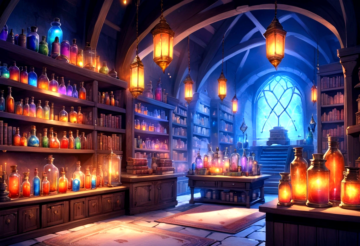 front view in the middle Mystical laboratory inside a castle with shelves of potion bottles, magical books, and artifacts with lanterns and glowing lights, realistic, good colors, good lighting, good reflections, highly detailed, game art