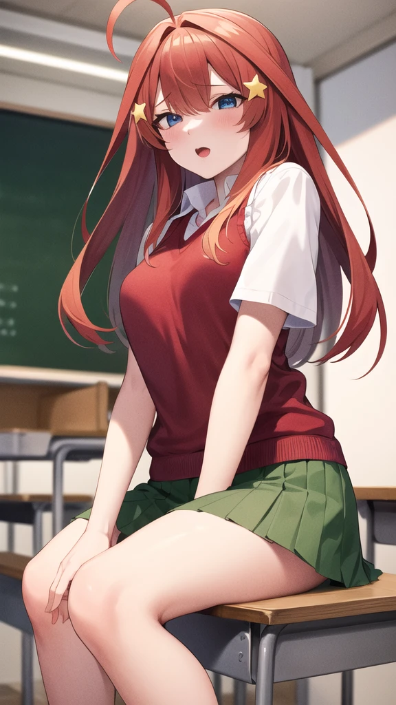 masterpiece, best quality, highres, aaitsuki, long hair, ahoge, star hair ornament, , red sweater, sweater vest, short sleeves, green skirt, pleated skirt, classroom, indoors,(vaginal,sex)