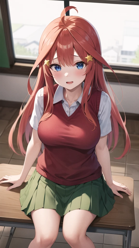 itsukinakano, <lora:itsukinakanotest:1>, itsuki nakano, bangs, blue eyes, hair between eyes, ahoge, red hair, star \(symbol\), hair ornament, star hair ornament,
BREAK skirt, shirt, school uniform, collarbone, white shirt, short sleeves, pleated skirt, socks, collared shirt, miniskirt, kneehighs, white socks, green skirt, sweater vest, red sweater vest,
BREAK indoors, school, classroom,
BREAK looking at viewer, BREAK <lora:GoodHands-vanilla:1>, (masterpiece:1.2), best quality, high resolution, unity 8k wallpaper, (illustration:0.8), (beautiful detailed eyes:1.6), extremely detailed face, perfect lighting, extremely detailed CG, (perfect hands, perfect anatomy),