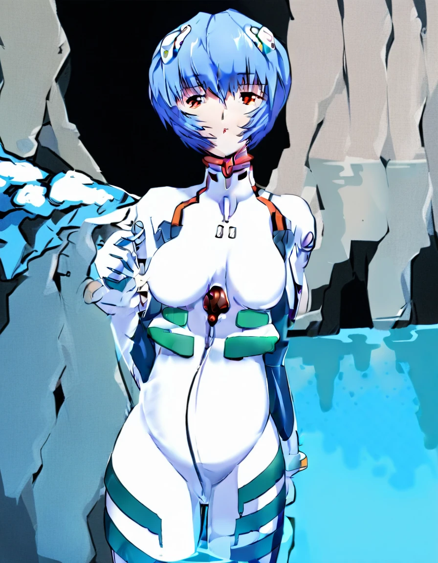 One girl, Ayanami Rei, Red eyes, Long Hair, white plugsuit, pregnant, Big Tits, Hair between the eyes, by the water, View your viewers, Blue Hair, bangs, from front, medium quality, slow,