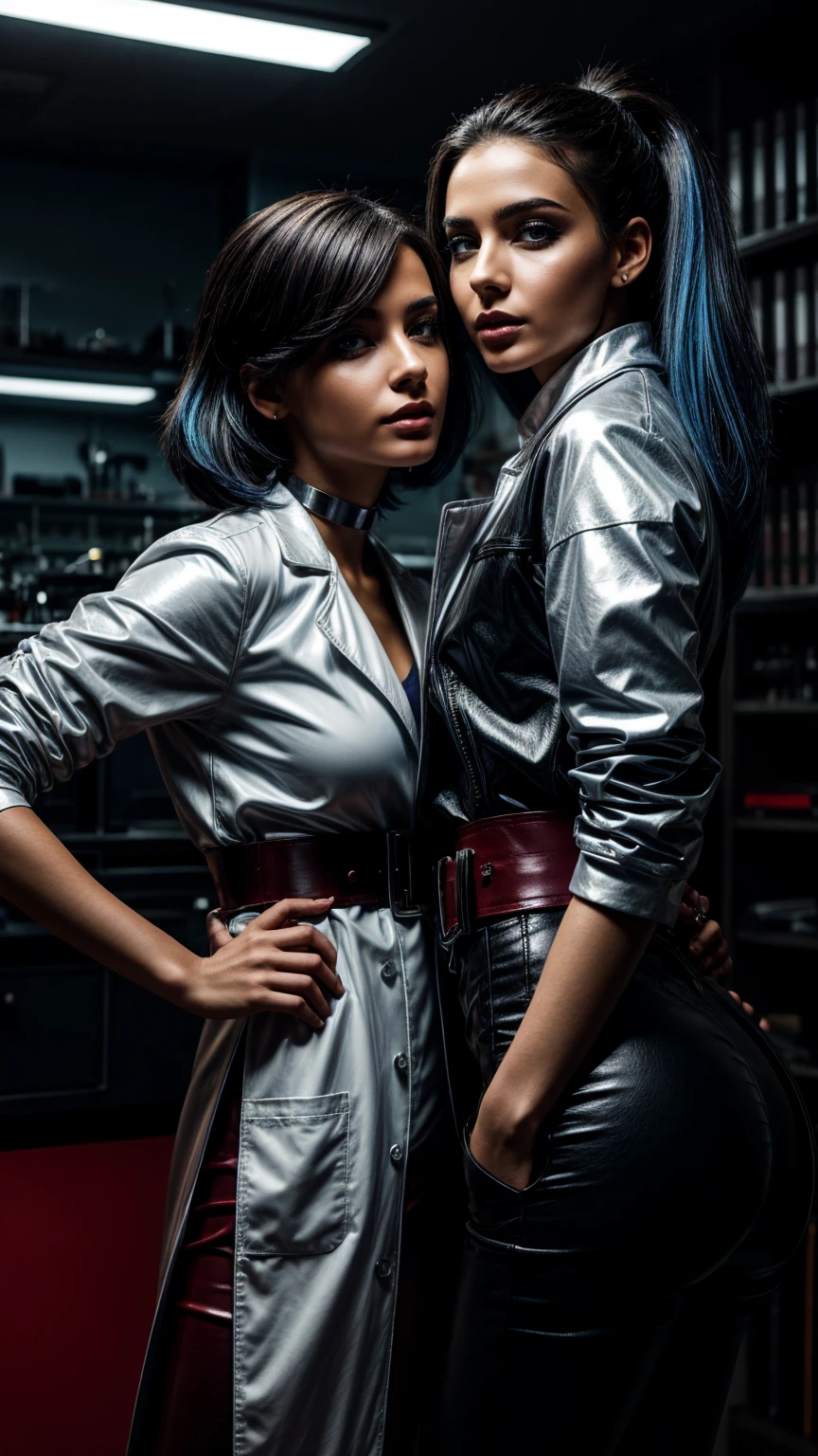 Seductive and confident look. Distant image. Labcoat. Long legs. Two Slim age european girls. Lesbian kissing. Shiny Red leather trousers, sneakers, blue tshirt. Vintage science laboratory. White hair, sidecut. Piercing. backlit, smirk, belt, backlit, perfect sultry make-up, cinematic, realistic, high contrast, visually rich,piercing eyes, strong eyeliner, mesmerizing eyes, elegant, graceful, natural beauty, charismatic, versatile, photogenic, very detailed