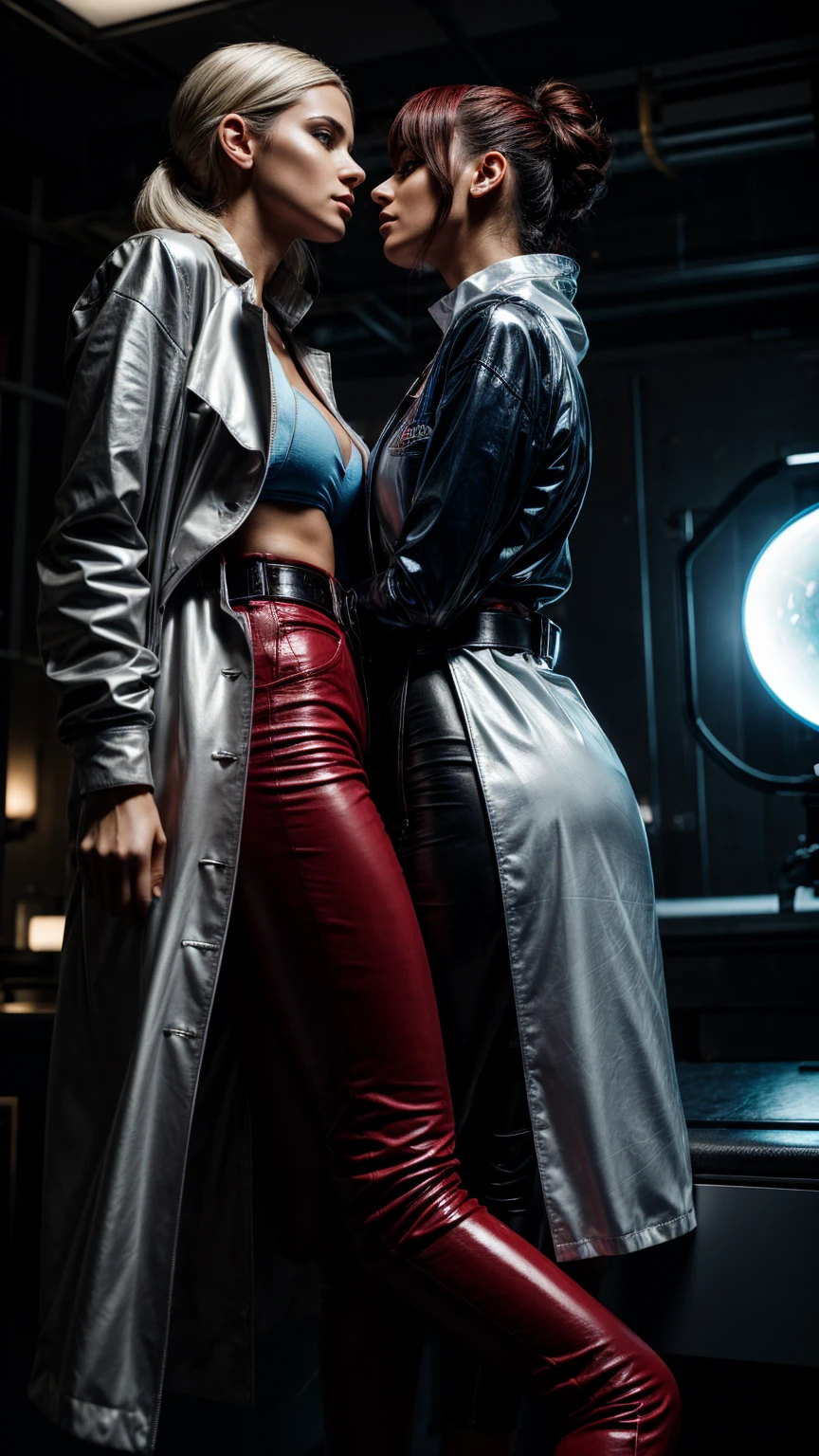 Seductive and confident look. Distant image. Labcoat. Long legs. Two Slim teenage european girls. Lesbian kissing on neck. Shiny blue leather trousers, sneakers, white tshirt. Vintage science laboratory. White hair, sidecut. Piercing. backlit, smirk, belt, backlit, perfect sultry make-up, cinematic, realistic, high contrast, visually rich,piercing eyes, strong eyeliner, mesmerizing eyes, elegant, graceful, natural beauty, charismatic, versatile, photogenic, very detailed